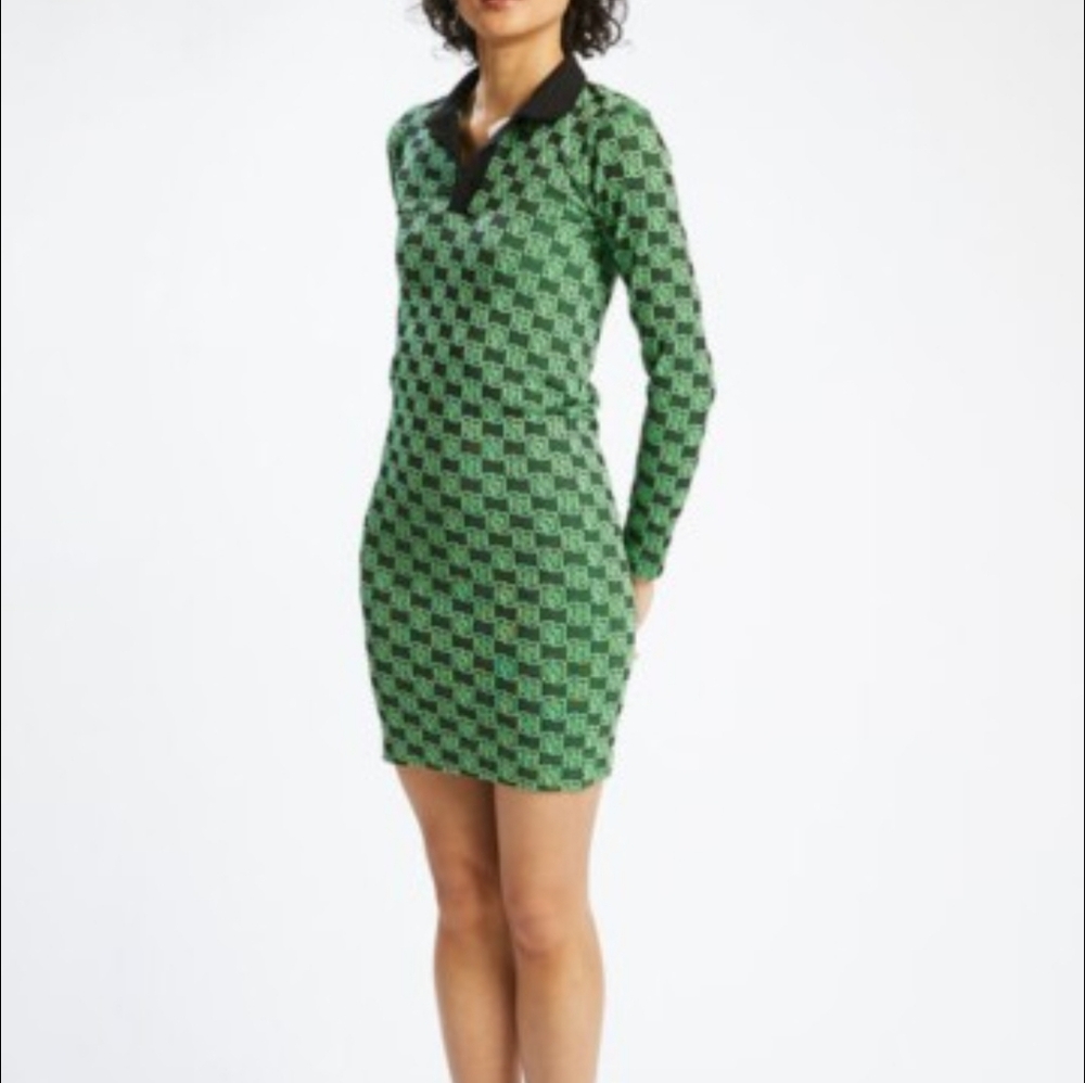 Colletion Pimkie Green and Black Patterned Polo Dress Long Sleeves Size Small